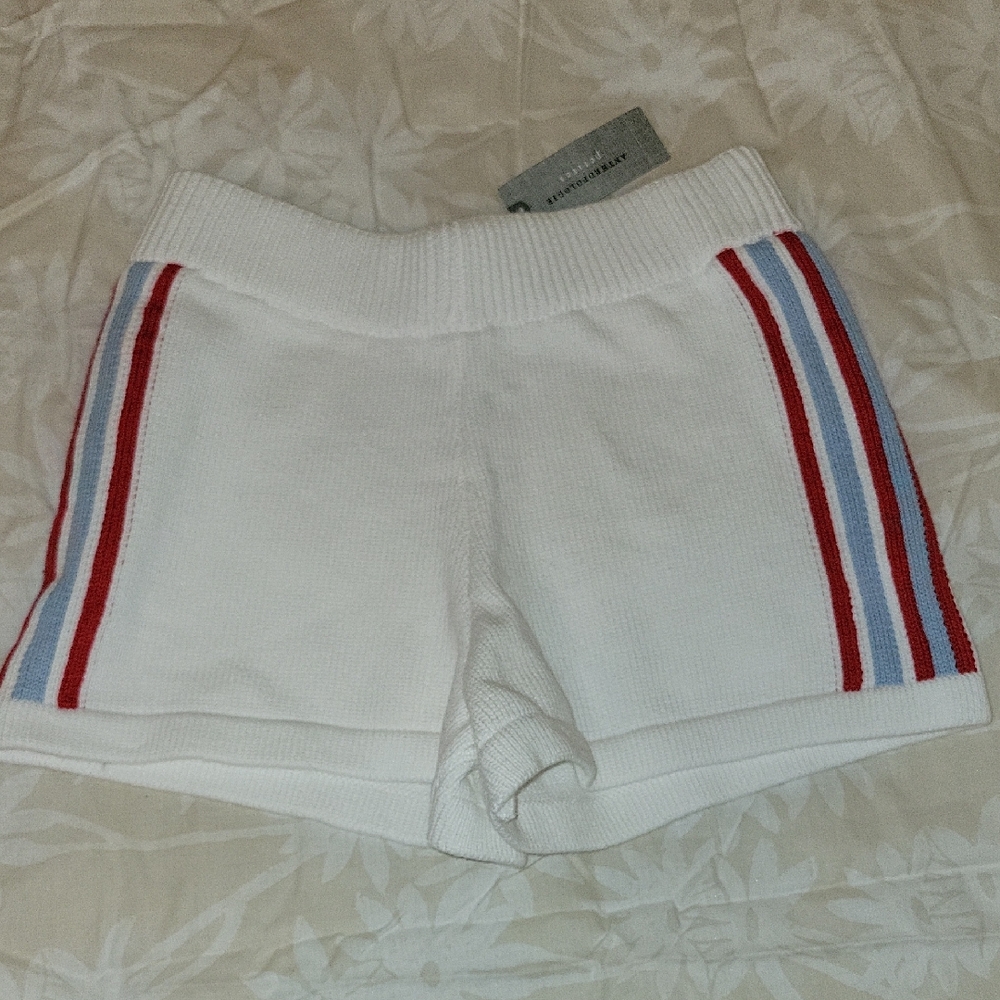White Knit Shorts with Red and Blue Stripes